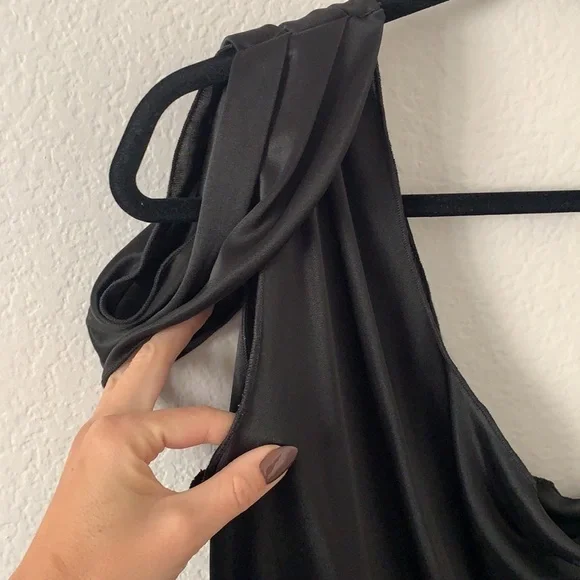 Bebe One Shoulder Satin Slip Side Slit Dress